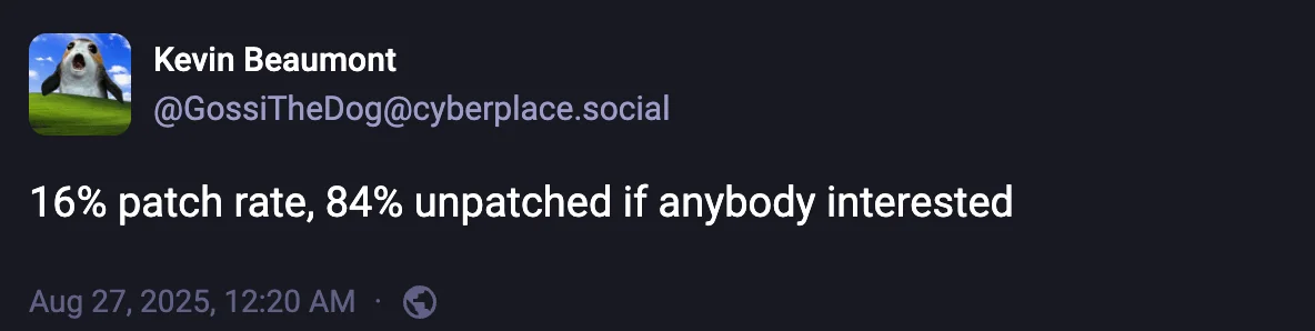 Researcher reports a 16% patch rate so far (Mastodon)