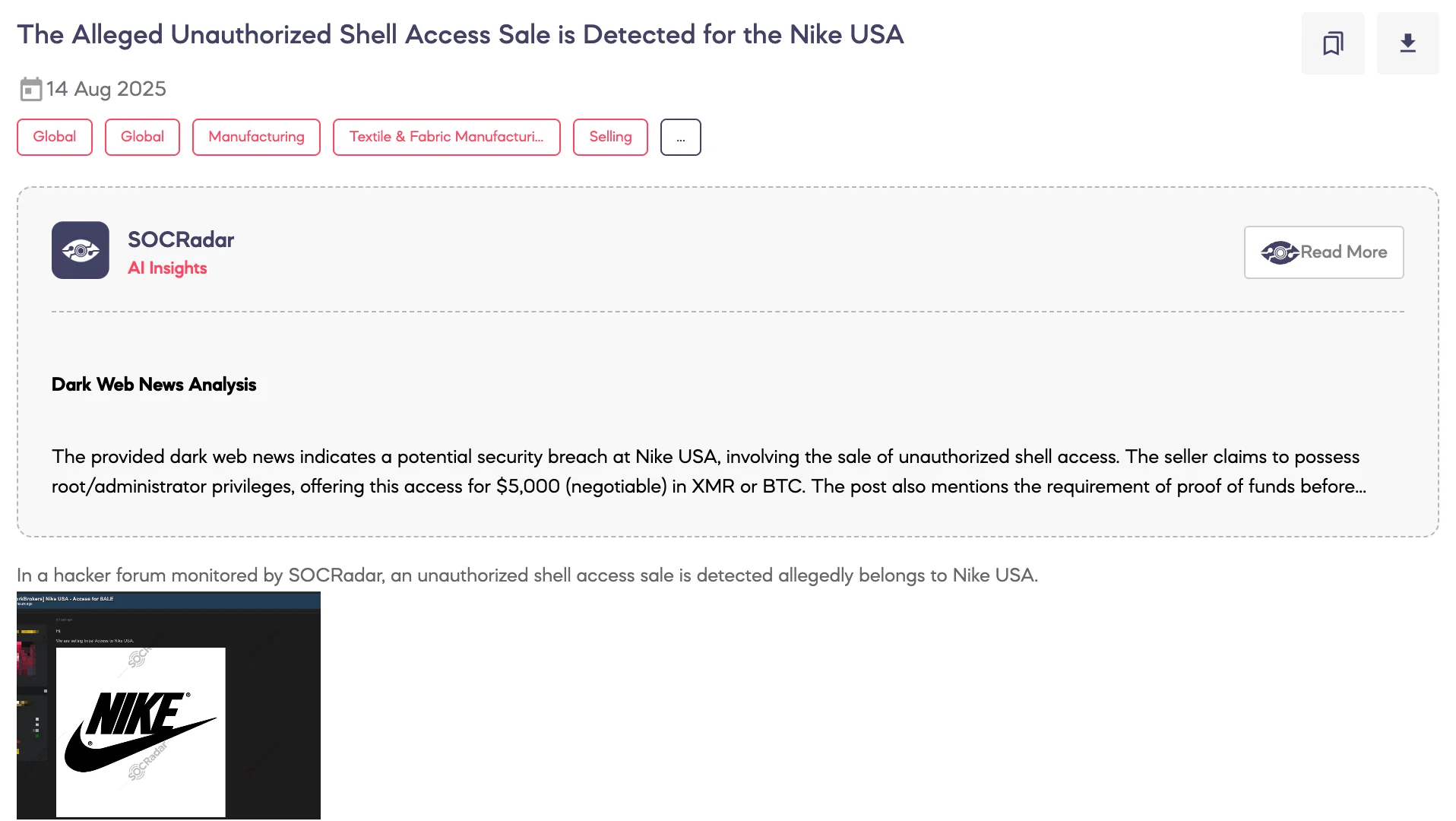 Alleged Unauthorized Shell Access Sale is Detected for the Nike USA