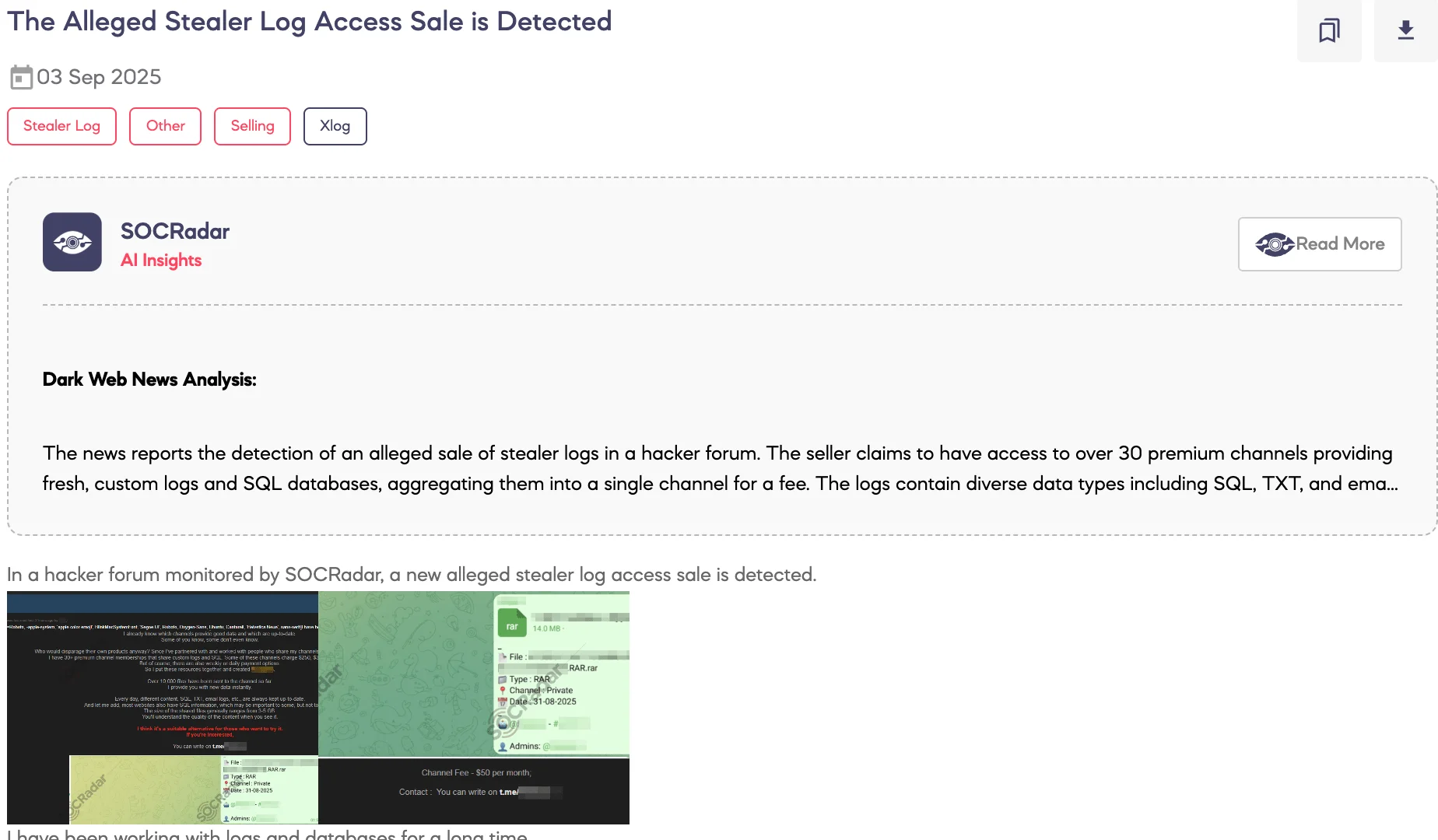 Alleged Stealer Log Access Sale is Detected