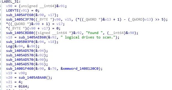 Code snippet showing BQTLock scanning and identifying available logical drives for encryption