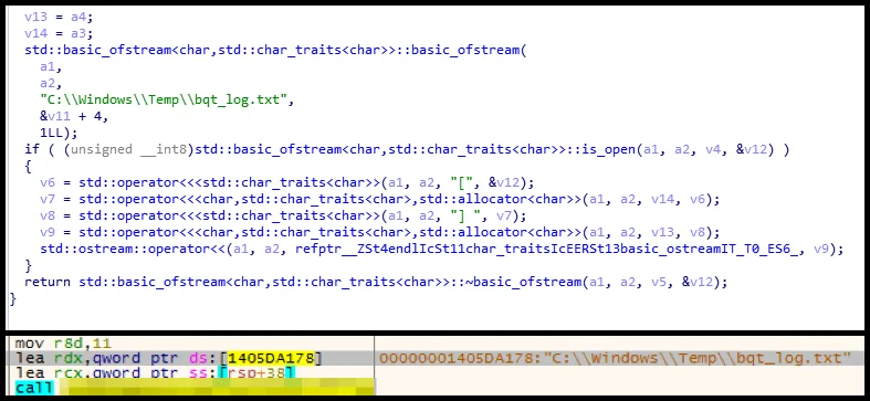 Decompiled and disassembled codes showing BQTLock creating and writing logs to C:WindowsTempbqt_log.txt