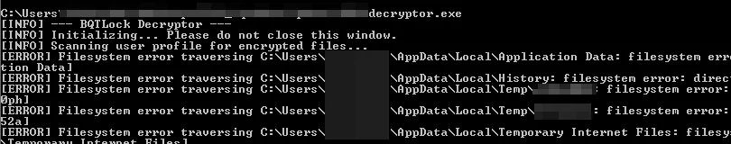 BQTLock decryptor in action, console output scanning directories and reporting errors