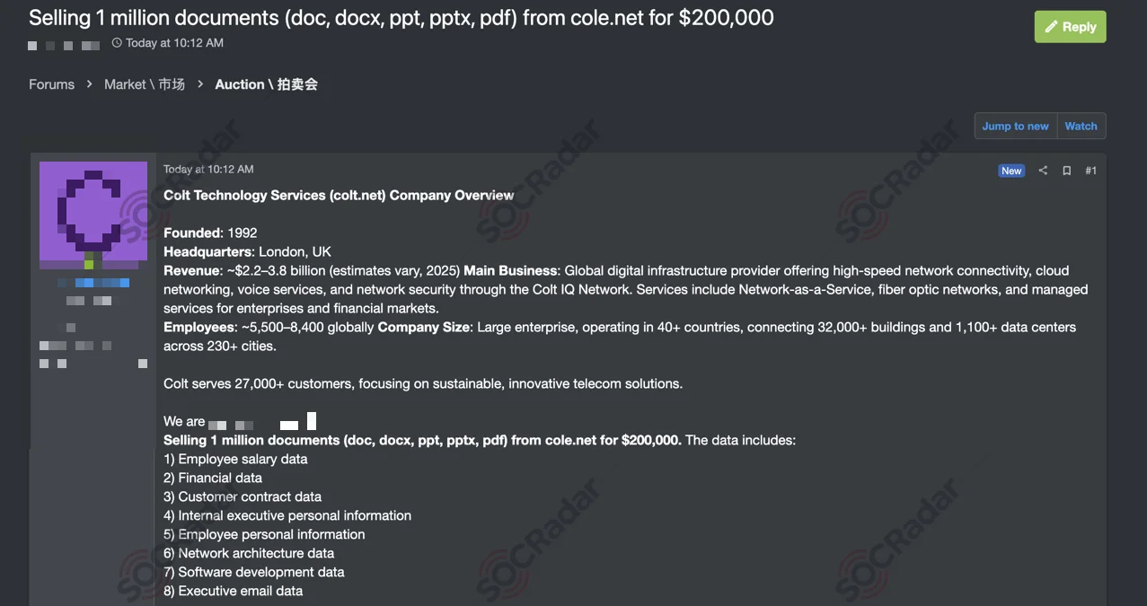 Colt Technology Services breach post shared on hacker forum (SOCRadar Dark Web News)