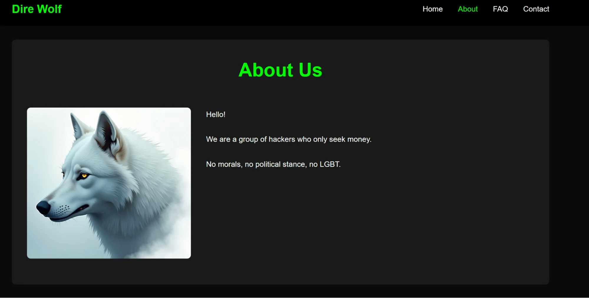 Dire Wolf ransomware’s Data Leak Site, About Us tab