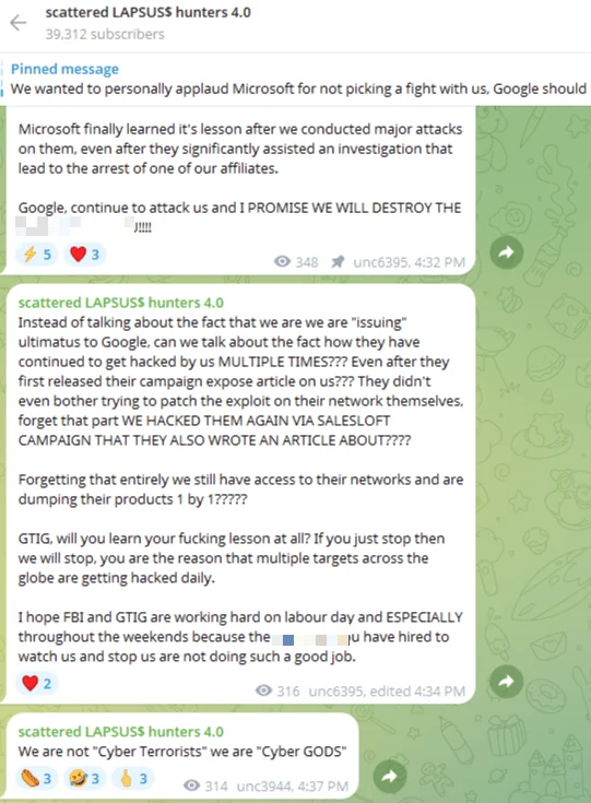 Telegram channel “Scattered LAPSUS$ Hunters 4.0” falsely claims responsibility for the Salesloft Drift breach, echoing public reports without proof. (Source: KrebsonSecurity)