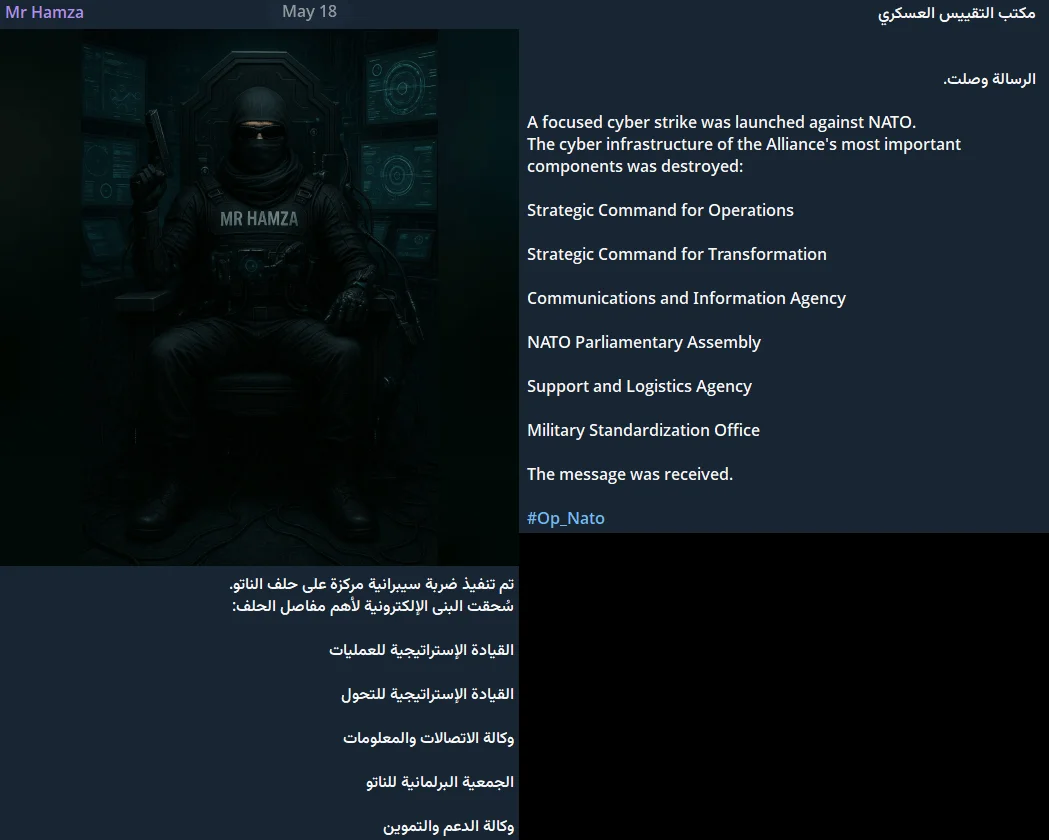 Mr Hamza Telegram posts in Arabic (left) and English (right) claiming cyberattacks against NATO