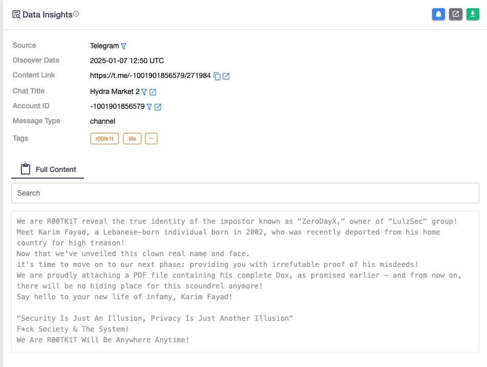 SOCRadar’s Threat Hunting, doxing of ZeroDayX by R00TK1T on theirTelegram channel