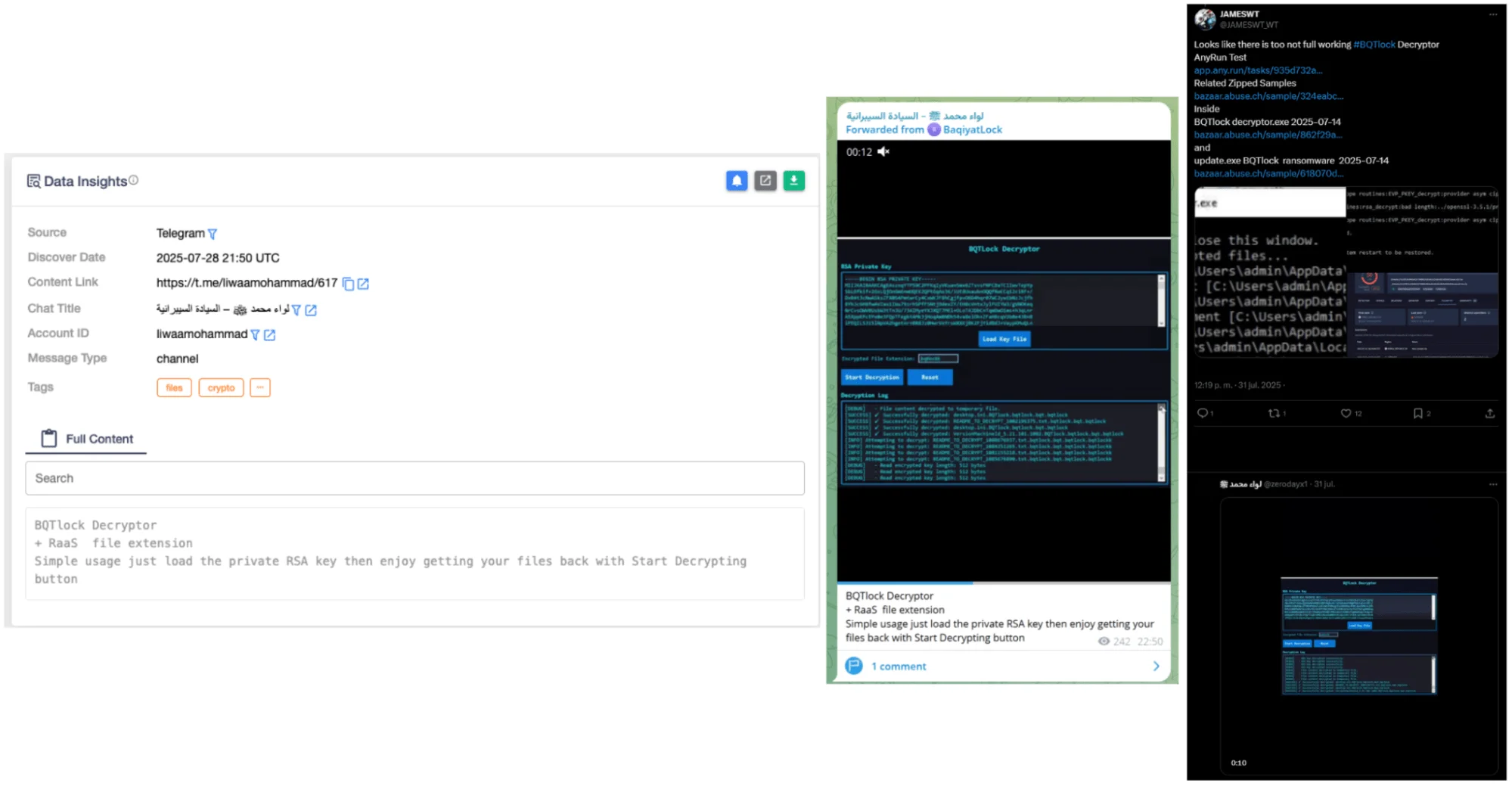 The threat actor is showcasing the decryptor in social media platforms (Left to right, SOCRadar-Threat Hunting, Telegram, and X)