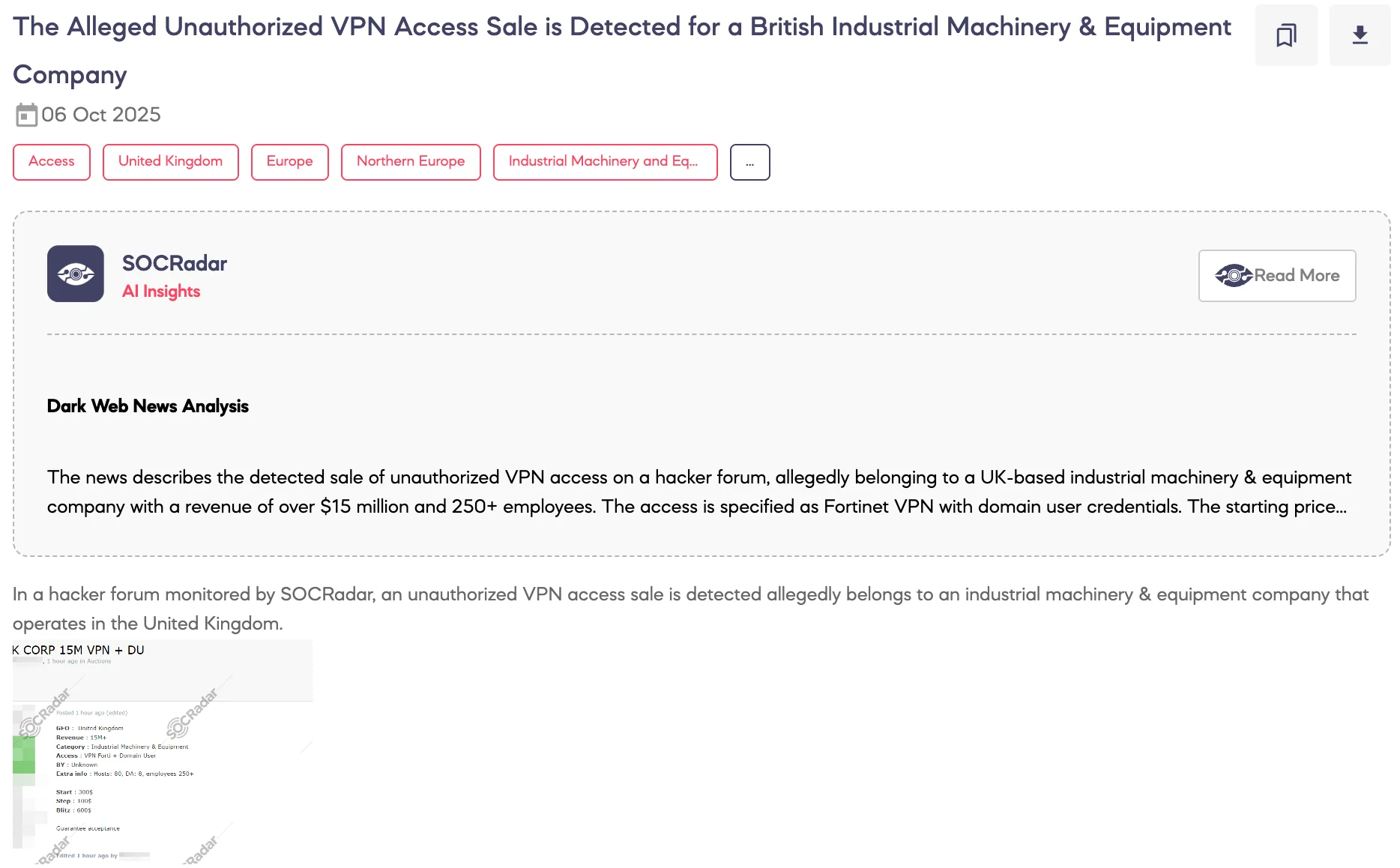Alleged Unauthorized VPN Access Sale is Detected for a British Industrial Machinery & Equipment Company