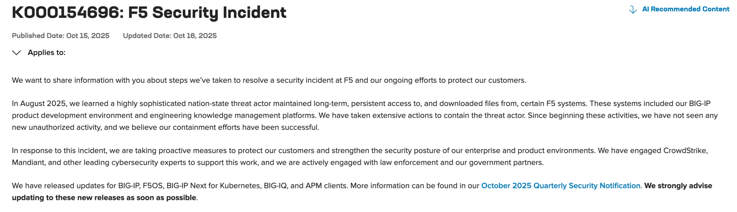 Part of the F5 breach notice