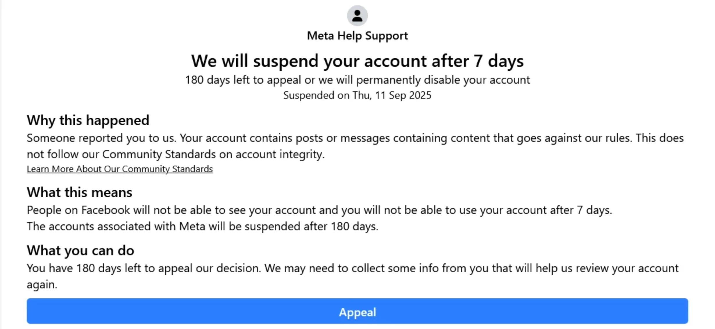 The phishing site impersonates Meta, warning the victim about the suspension of their account (Acronis)