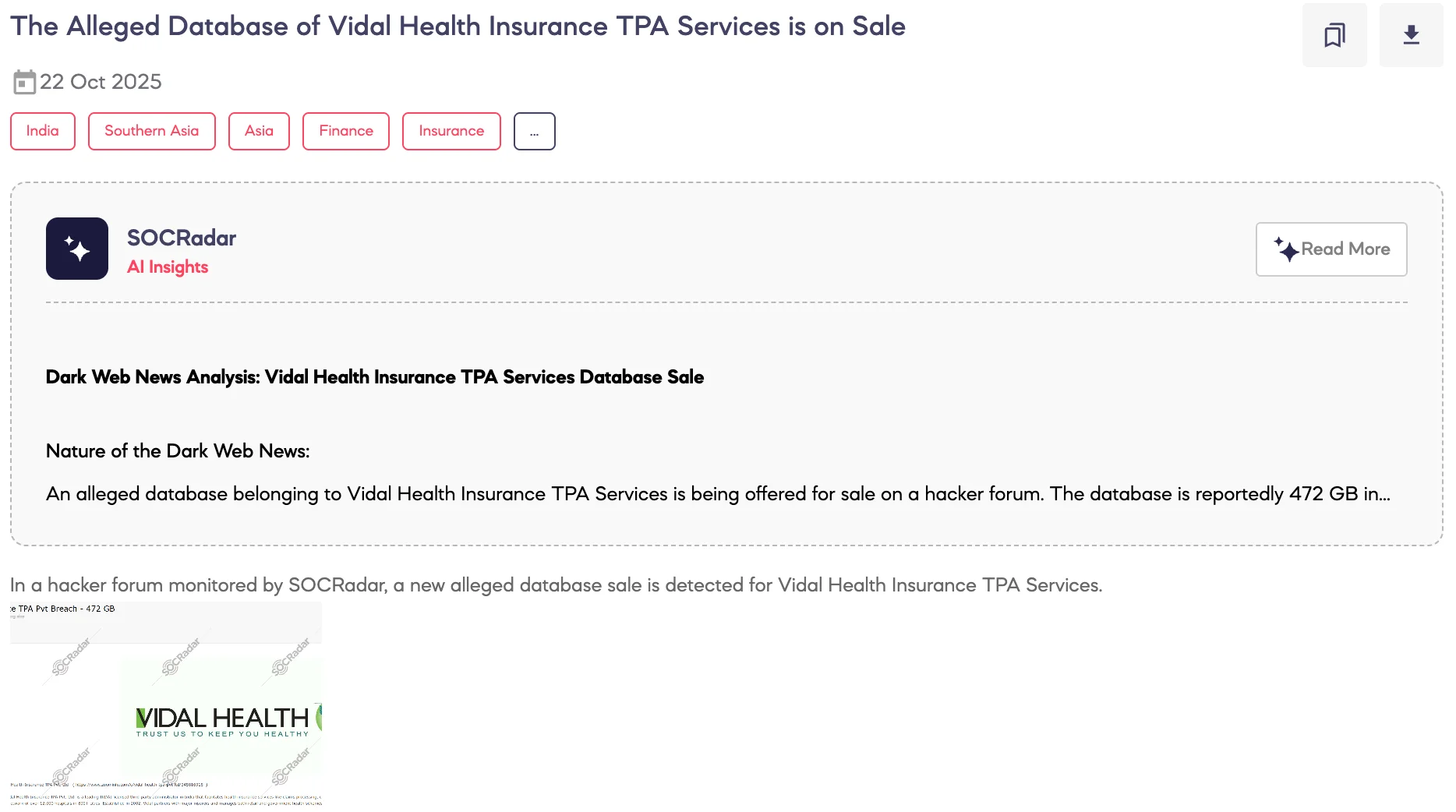 Alleged Database of Vidal Health Insurance TPA Services is on Sale