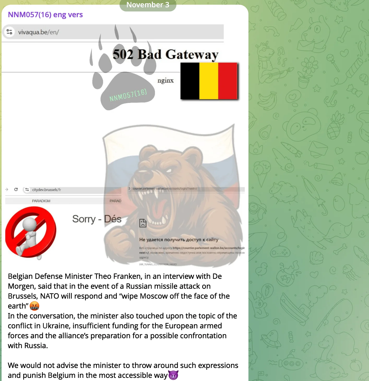 Screenshot from NoName057(16)’s Telegram channel, where the group cites statements by the Belgian Defense Minister as the primary reason for initiating cyberattacks against Belgium.
