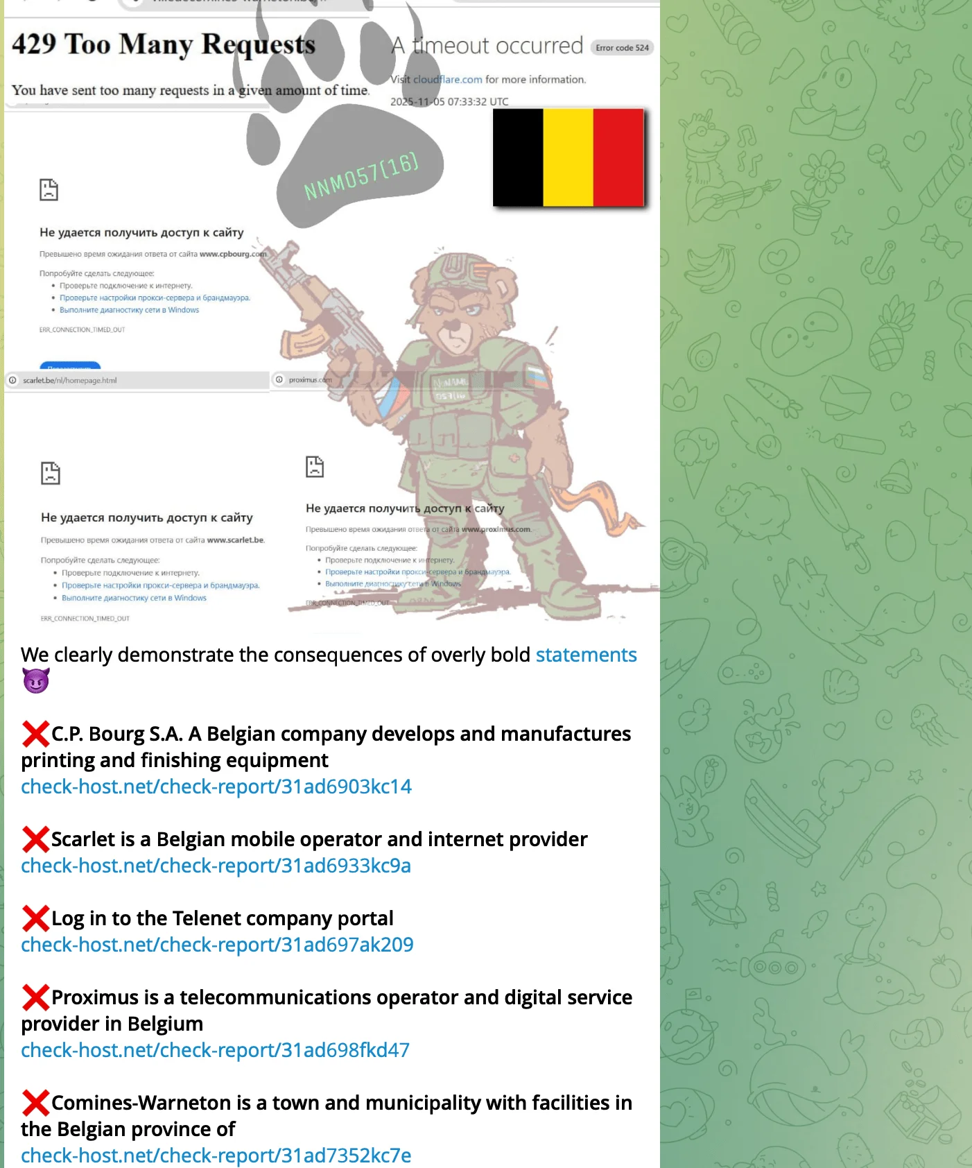 NoName057(16)’s Telegram post from November 5 describing ongoing DDoS attack claims against several Belgian organizations, including telecom and local government targets.