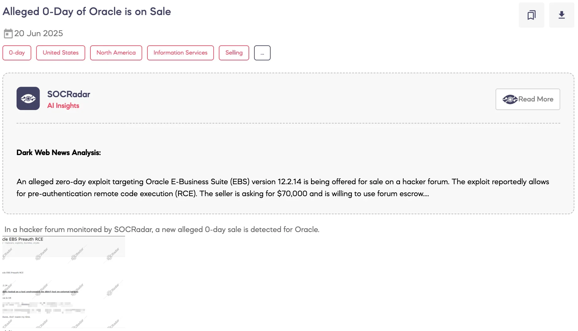 SOCRadar Dark Web News findings showing a threat actor selling a pre-auth RCE exploit for Oracle EBS 12.2.14 for 70,000 dollars.