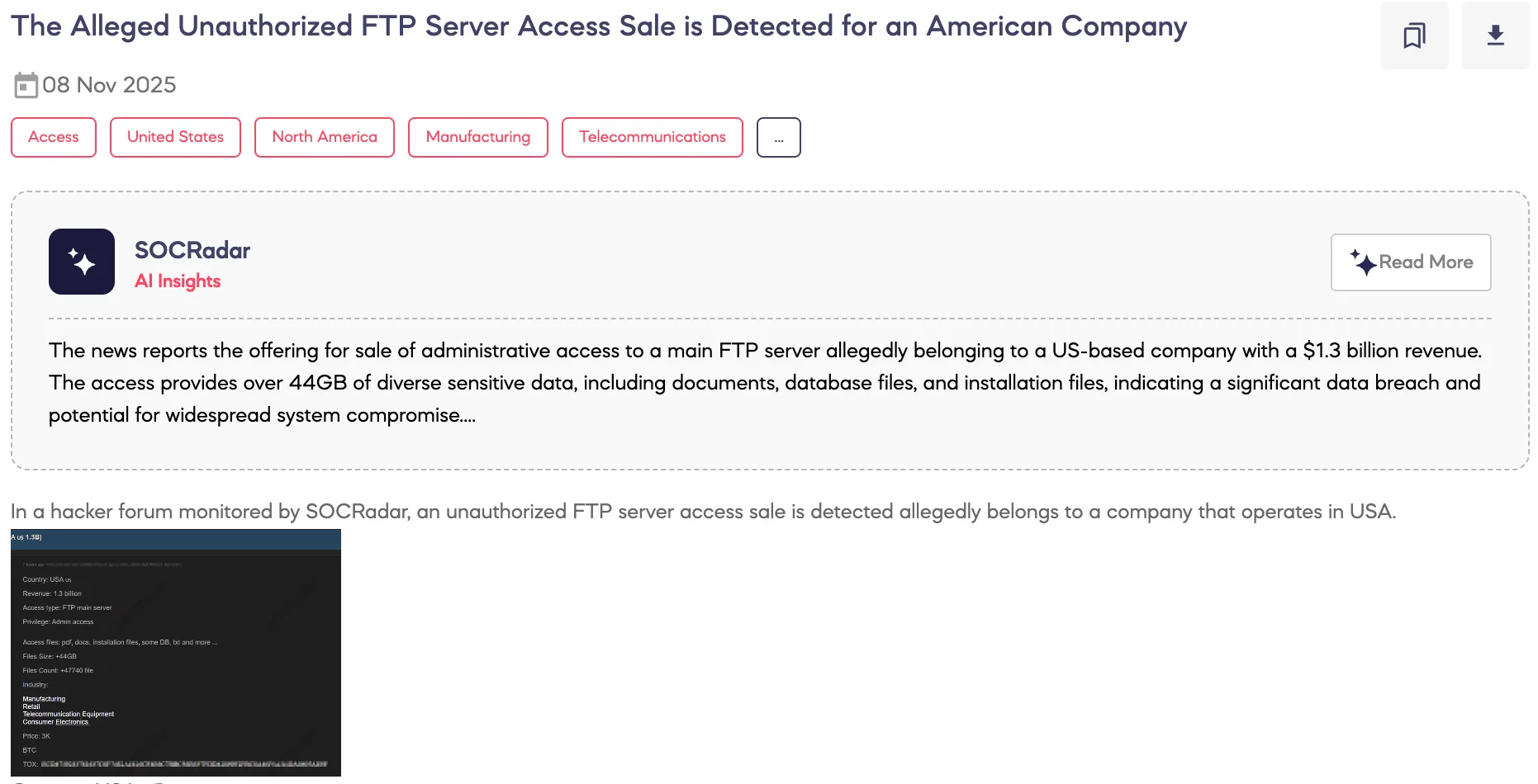 Alleged Unauthorized FTP Server Access Sale is Detected for an American Company