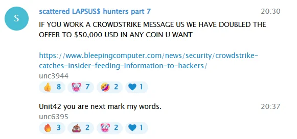 Their Telegram post about the busted insider threat at CrowdStrike