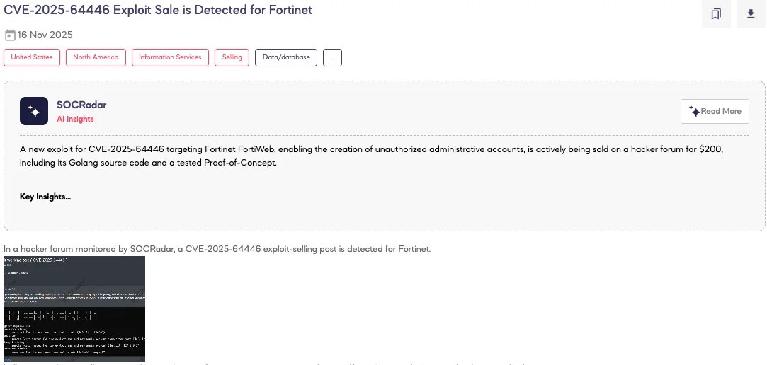 CVE-2025-64446 Exploit Sale is Detected for Fortinet