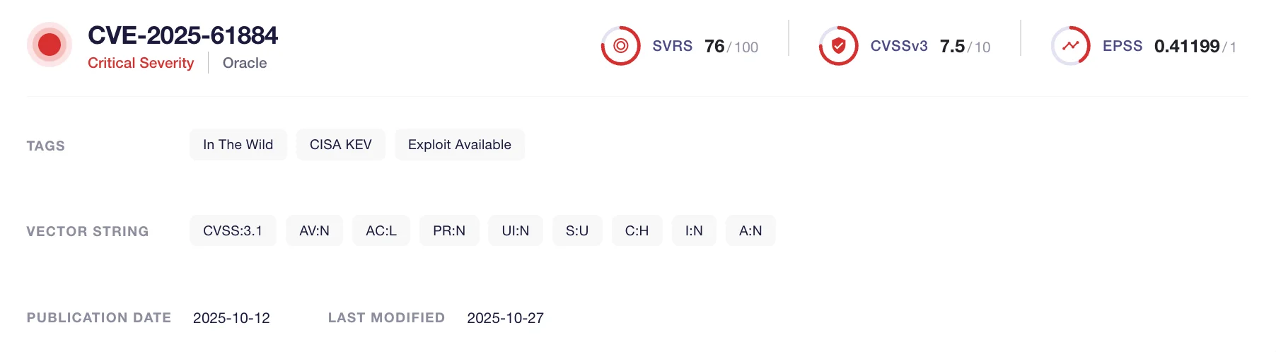 Quick details of CVE-2025-61884 (SOCRadar LABS, CVE Radar)