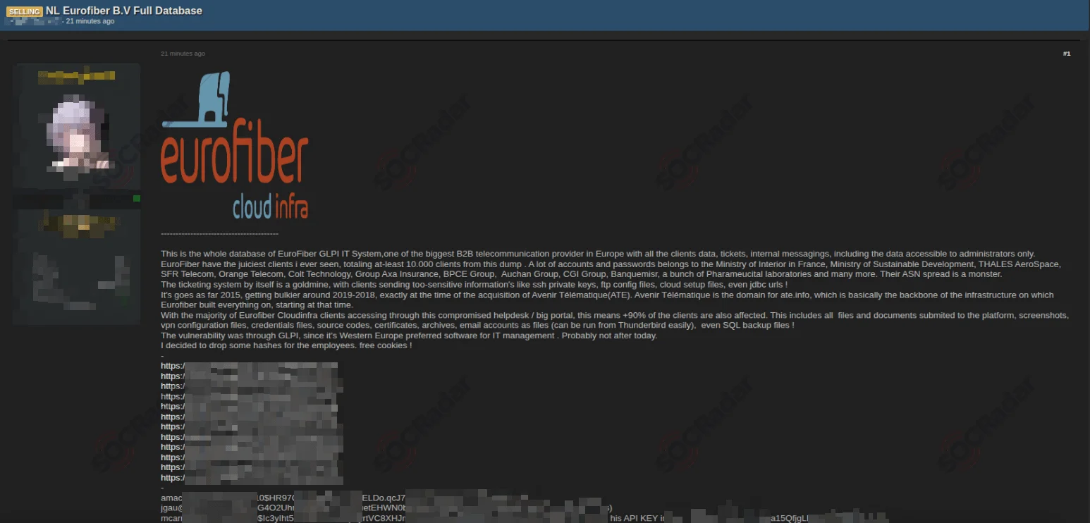 Eurofiber breach claim post by the threat actor (SOCRadar Dark Web News)
