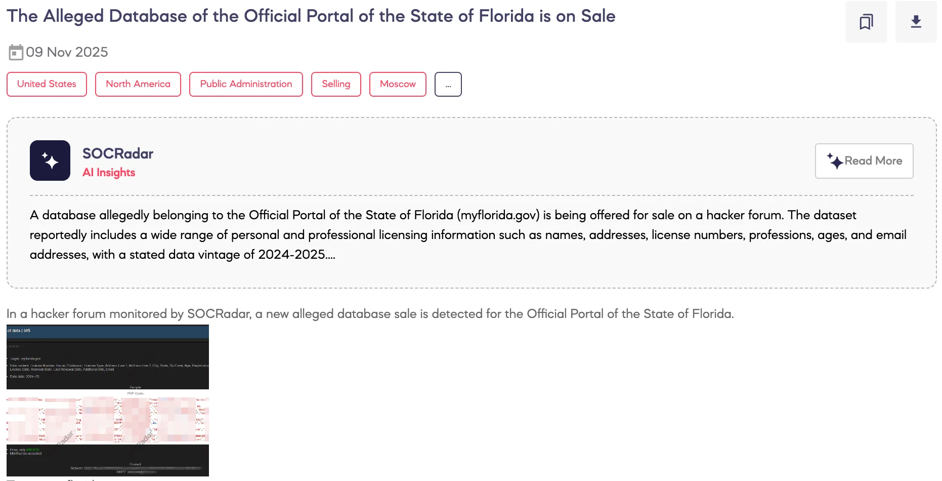 Alleged Database of the Official Portal of the State of Florida is on Sale