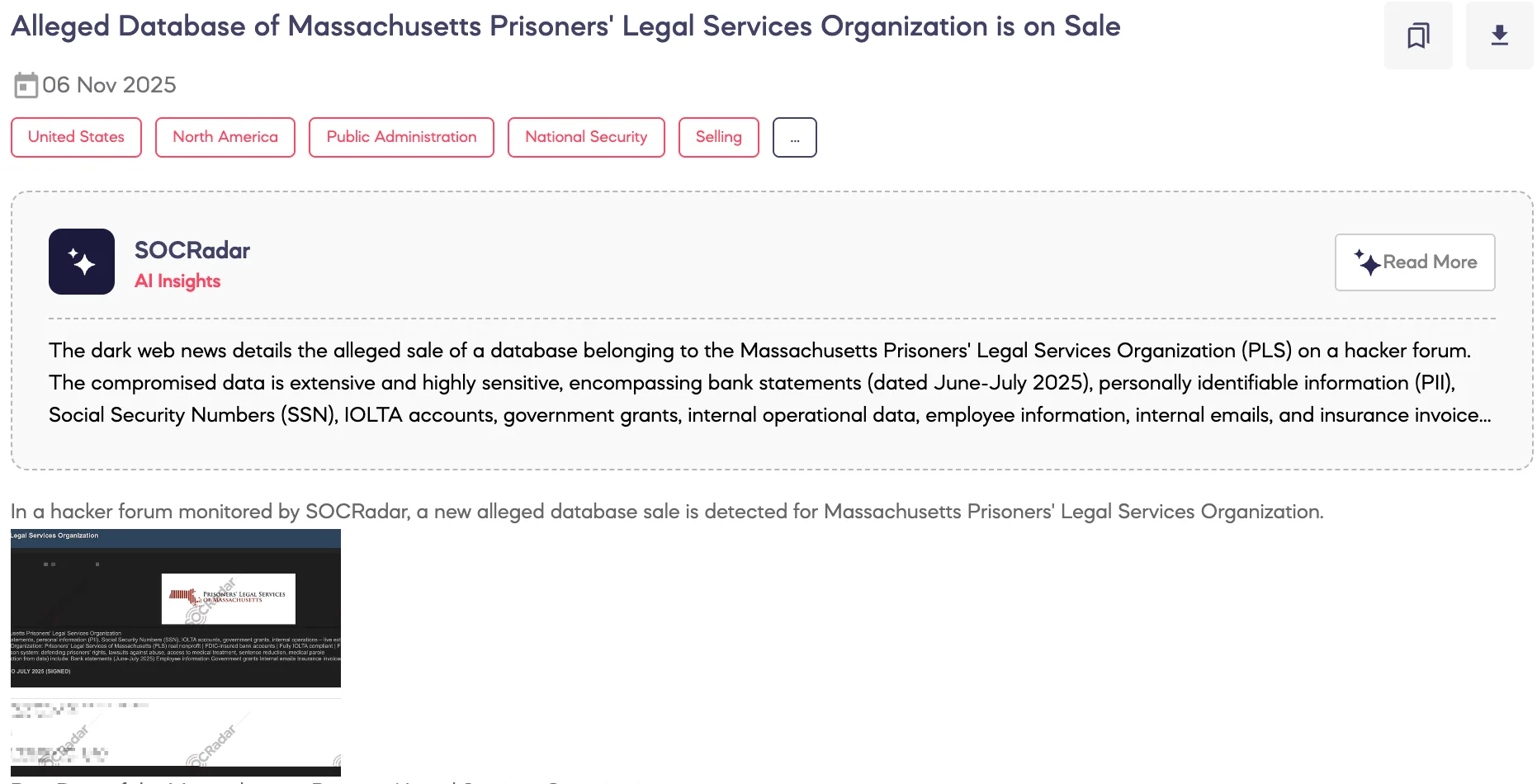 Alleged Database of Massachusetts Prisoners' Legal Services Organization is on Sale