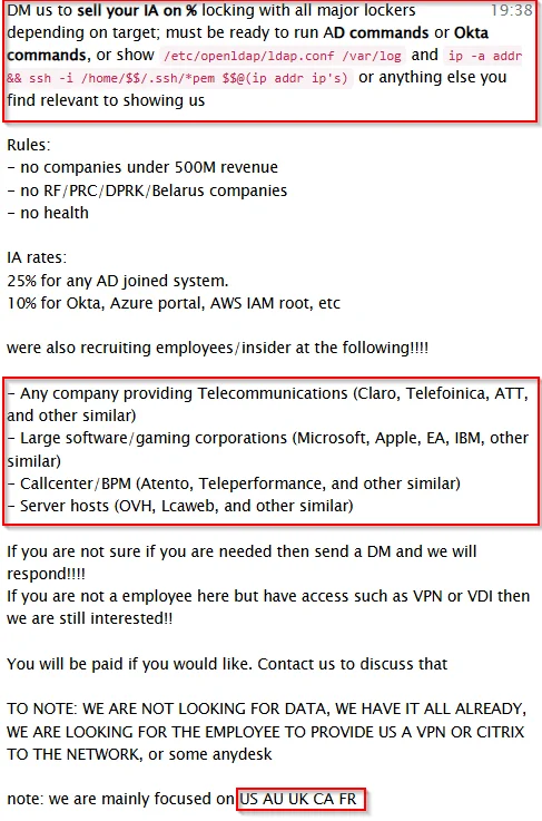 Scattered LAPSUS$ Hunters is actively recruiting insiders in their Telegram channel.