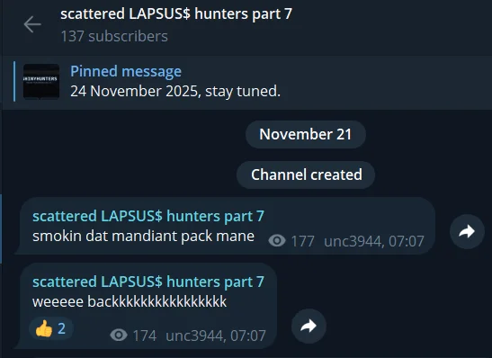 Guess who's back? Screenshot from the scattered LAPSUS$ hunters part 7 Telegram channel.