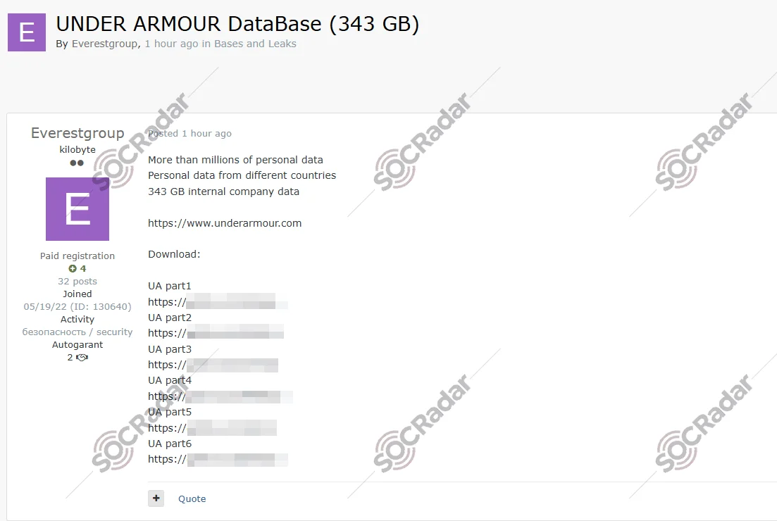 The Alleged Database of Under Armour is Leaked