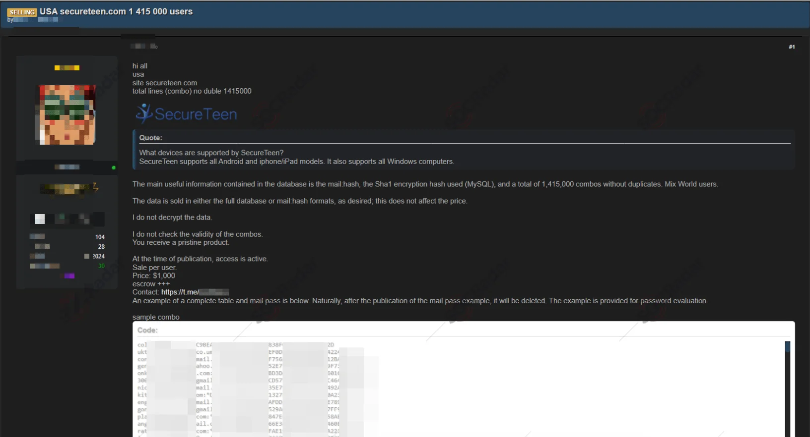 The Alleged Database of SecureTeen is on Sale