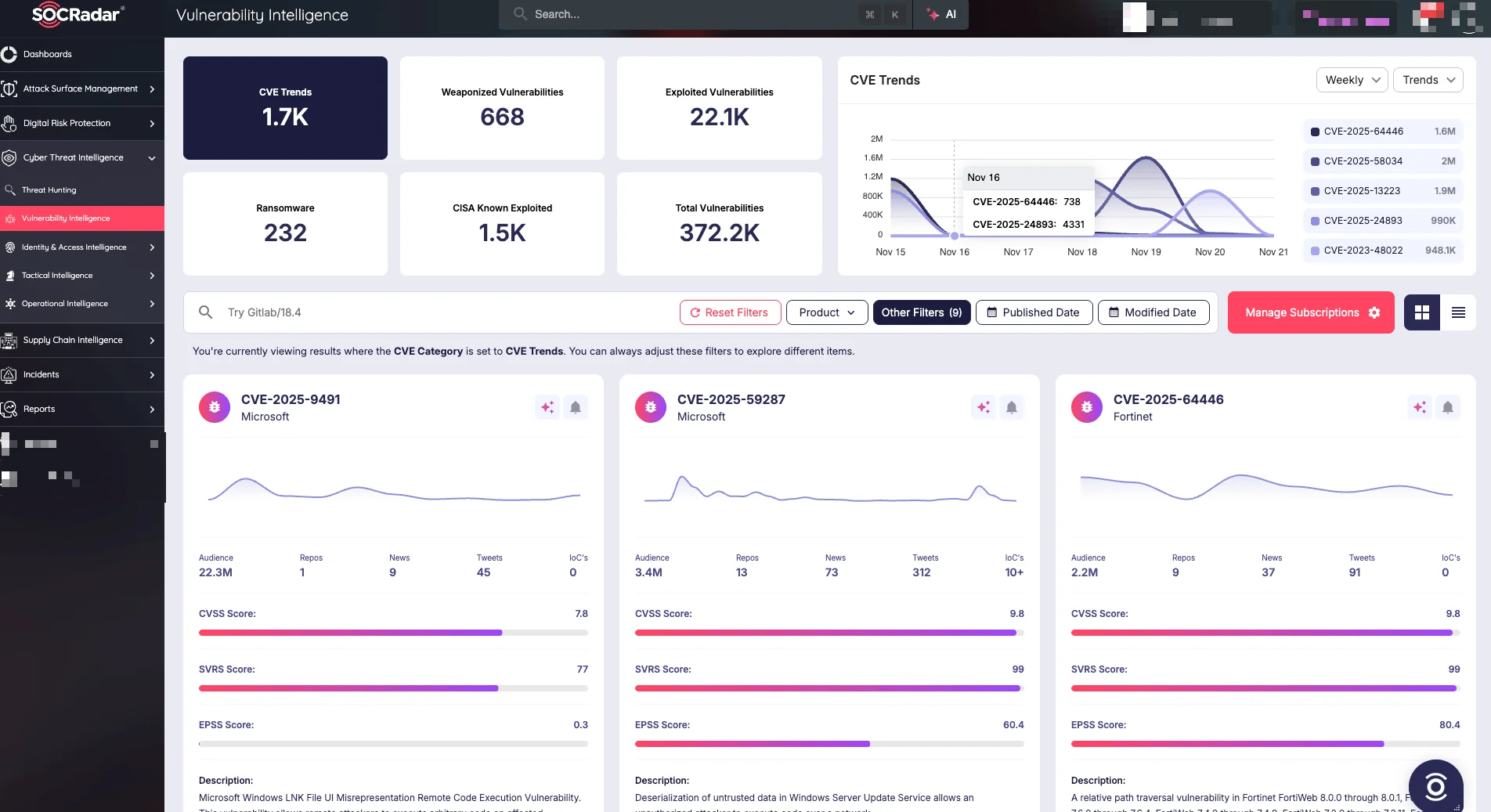 SOCRadar’s Cyber Threat Intelligence module, Vulnerability Intelligence tracking