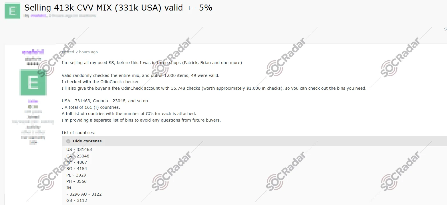 Alleged 413K Credit Cards of Several Countries are on Sale