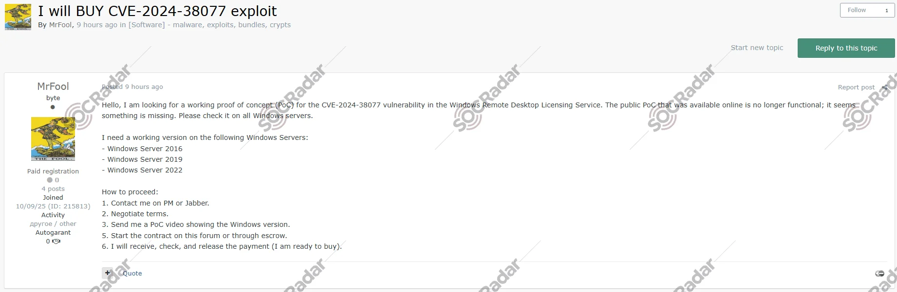 CVE-2024-38077 Exploit Purchasing Announcement is Detected for Windows Remote Desktop Licensing Service