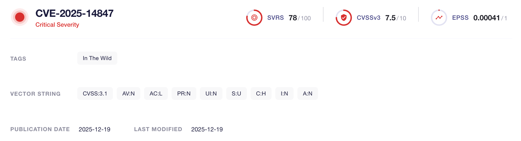 CVE-2025-14847 (SOCRadar Vulnerability Intelligence)