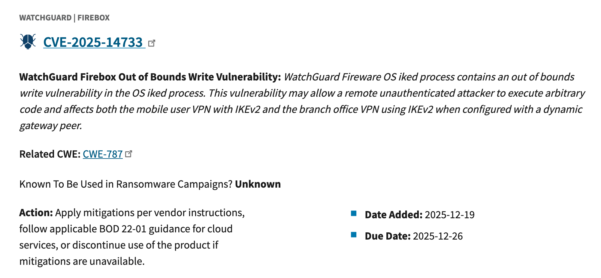 CISA KEV listing for CVE-2025-14733 affecting WatchGuard Firebox