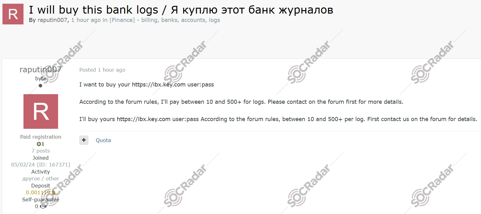 Log Data Purchasing Announcement is Detected for KeyBank