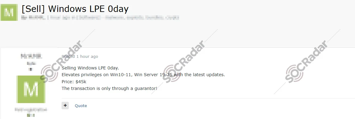 The Alleged 0-Day LPE Exploit of Microsoft Windows is on Sale