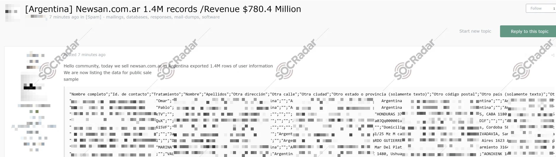 Alleged Database of NEWSAN is on Sale