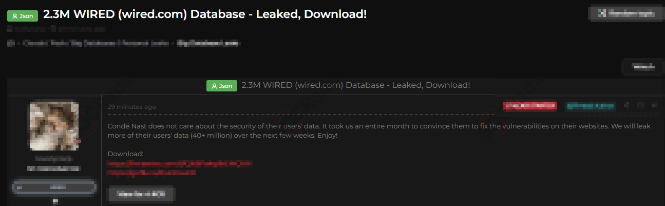 WIRED subscribers data leak post (SOCRadar Dark Web News)