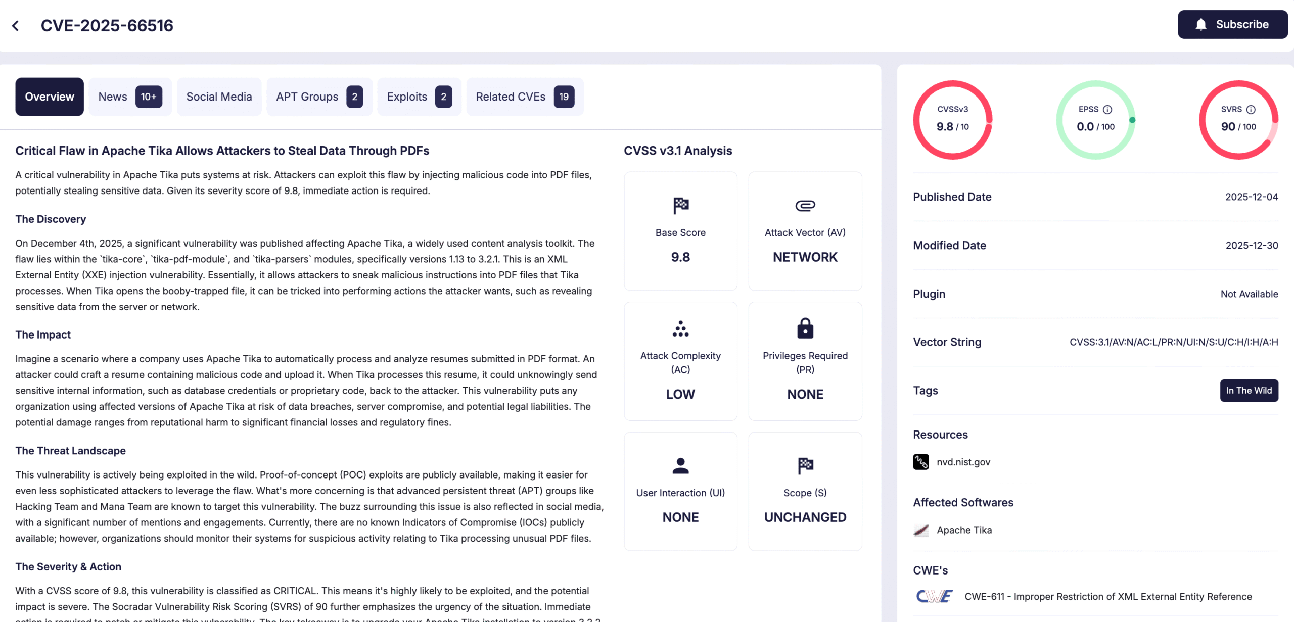 Details of CVE-2025-66516 (SOCRadar Vulnerability Intelligence)