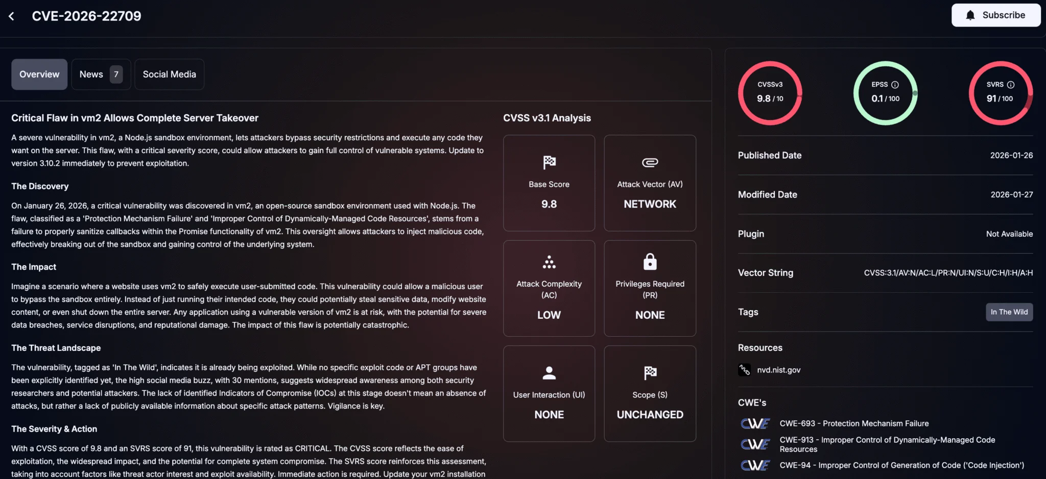 CVE-2026-22709: vm2 Sandbox Escape Vulnerability
