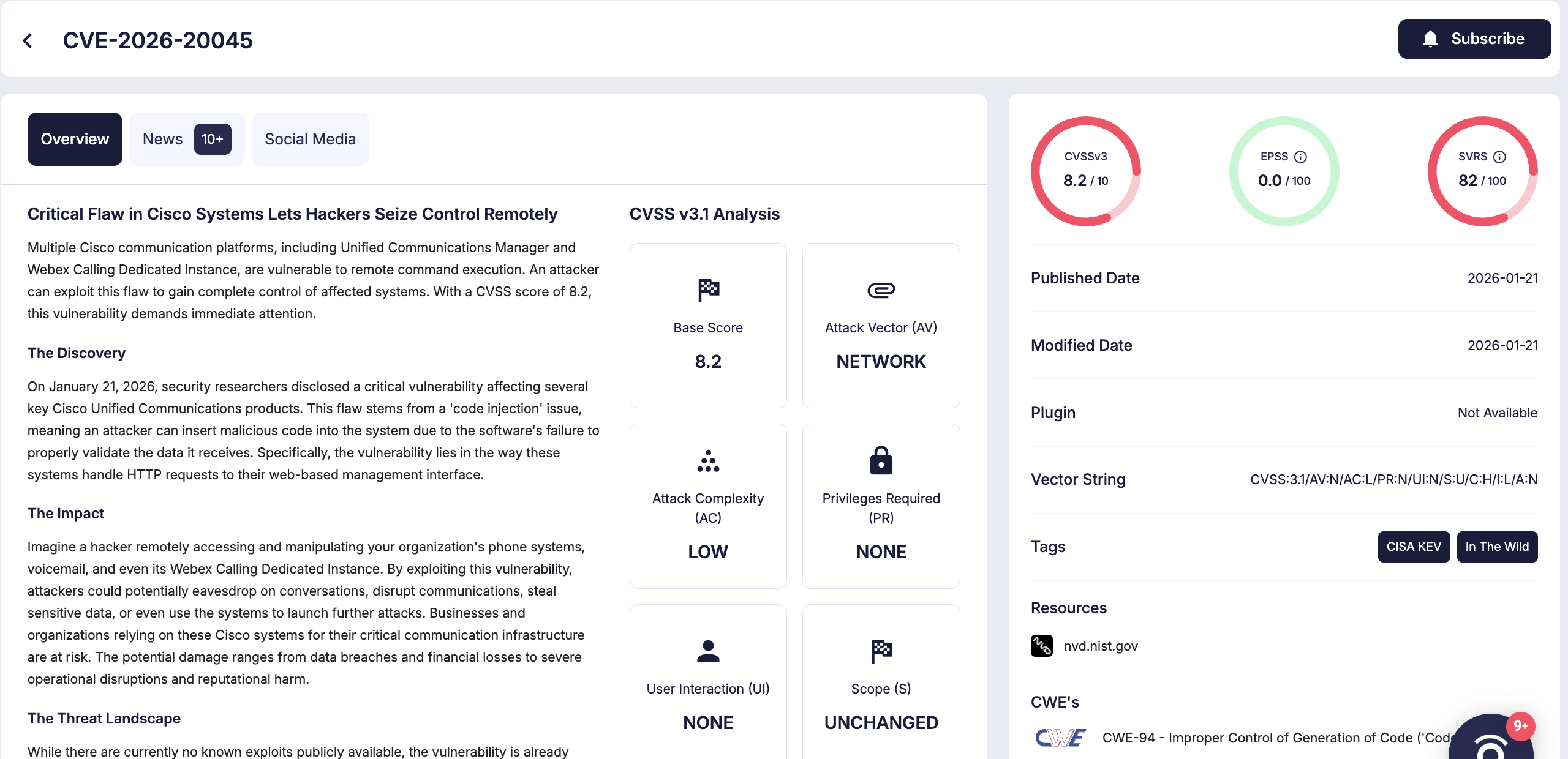 Details of CVE-2026-20045 (SOCRadar Vulnerability Intelligence)
