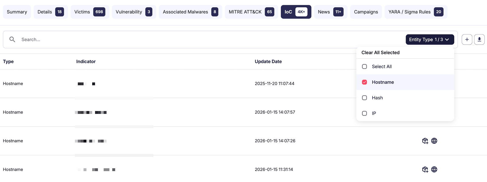 The IoC tab, enabling security teams to proactively block known malicious infrastructure and detect ongoing attacks (SOCRadar Threat Actor Intelligence, ‘’akira’’ IoCs)