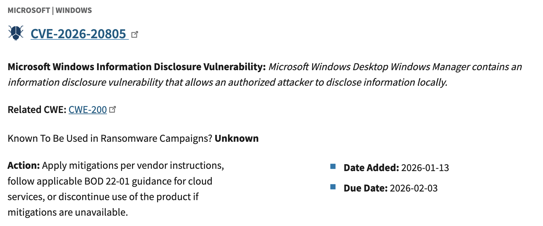 CISA KEV listing for the CVE-2026-20805 vulnerability