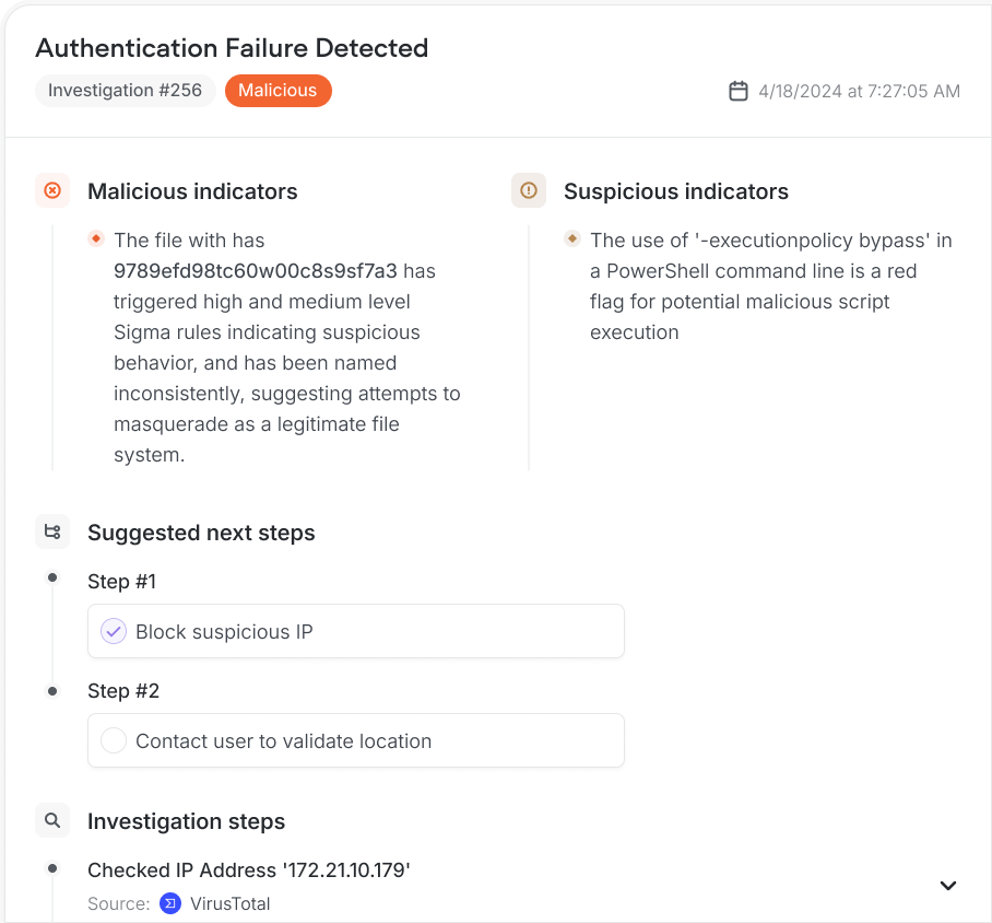 An example alert in report format (Qevlar)