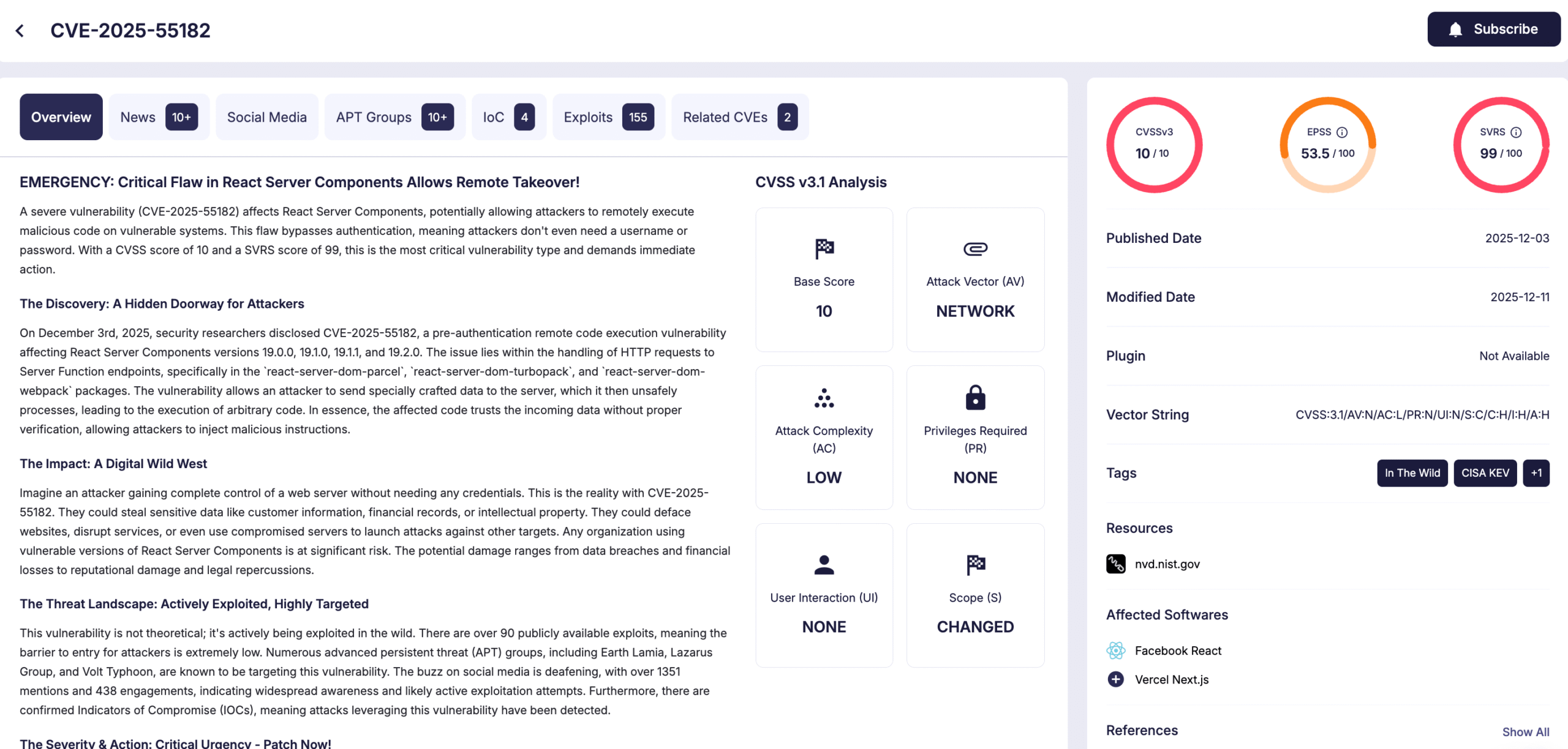 Details of CVE-2025-55182 (SOCRadar Vulnerability Intelligence)