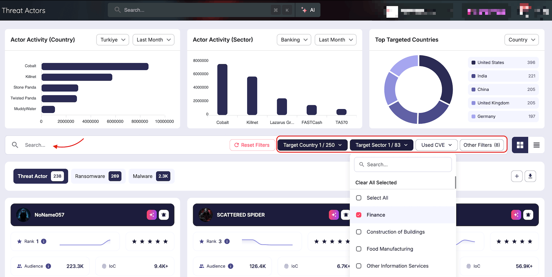 You needto filter, allowing you to isolate the exact actors targeting your industry and region. (SOCRadar Threat Actor Intelligence)
