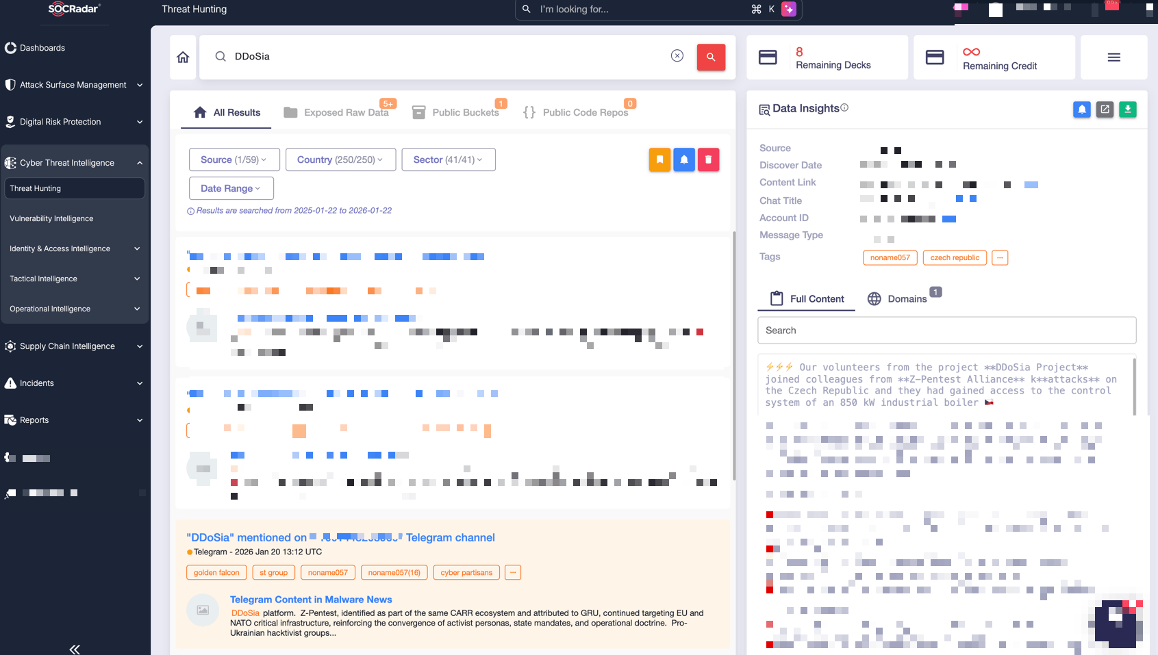Using DDoSia queries in SOCRadar Threat Hunting helps surface threat actor connections and recently observed targets.