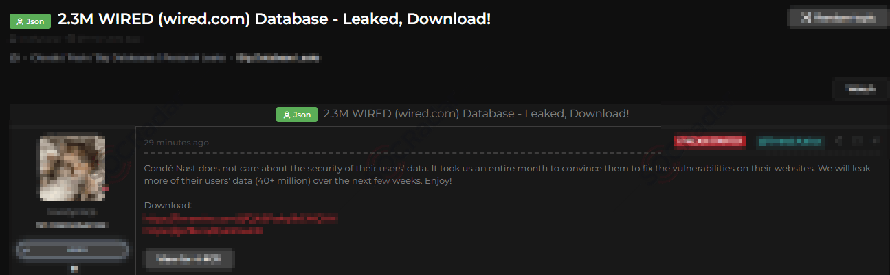 WIRED subscribers data leak post (SOCRadar Dark Web News)