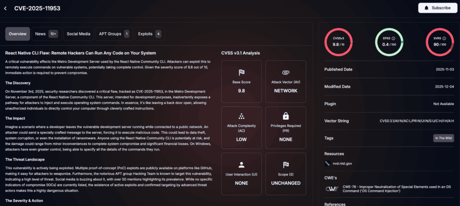Details of CVE-2025-11953 (SOCRadar Vulnerability Intelligence)